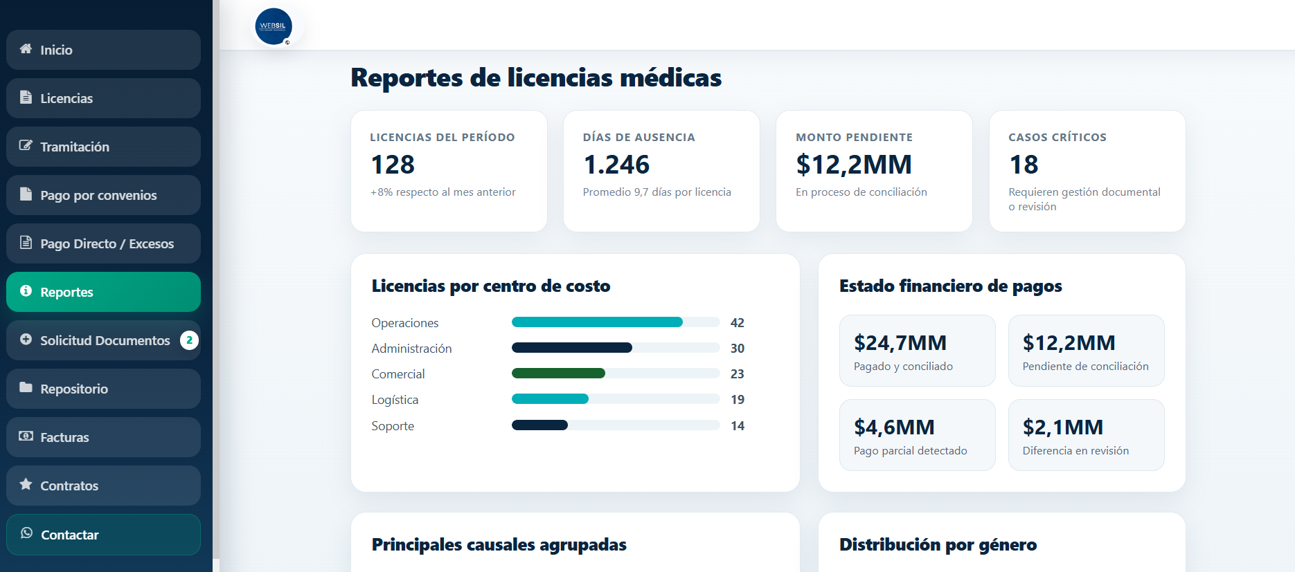 Vista de reportes y conciliación en WEBSIL