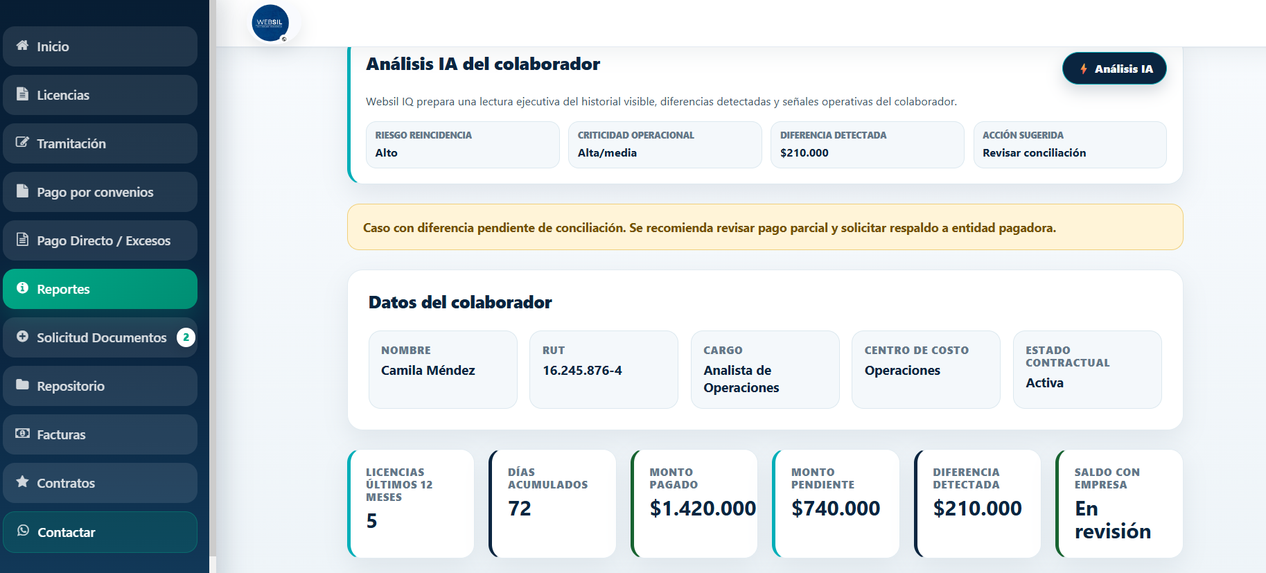 Vista de recovery de excesos y diferencias en WEBSIL