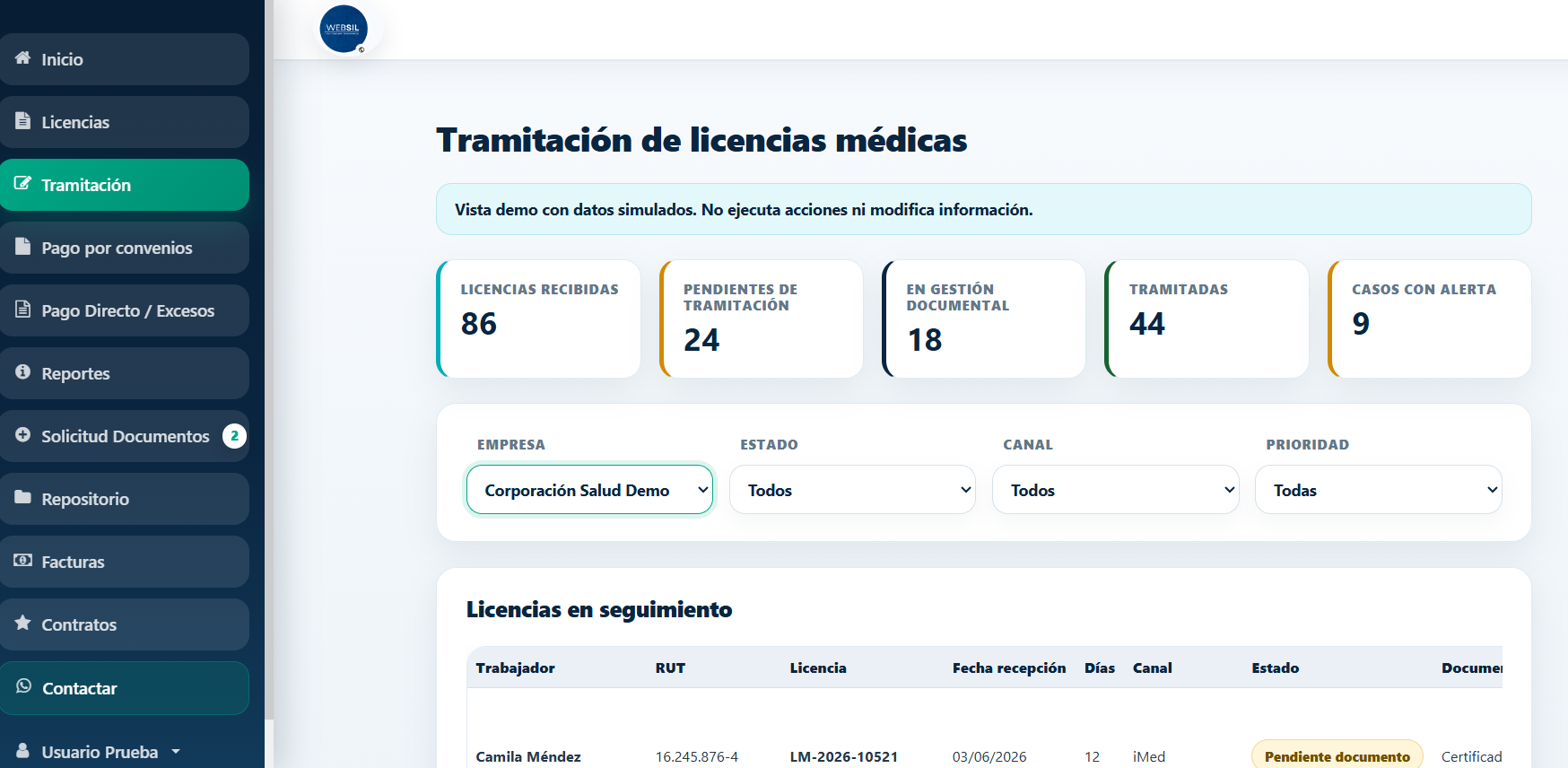 Vista de tramitación de licencias médicas en WEBSIL