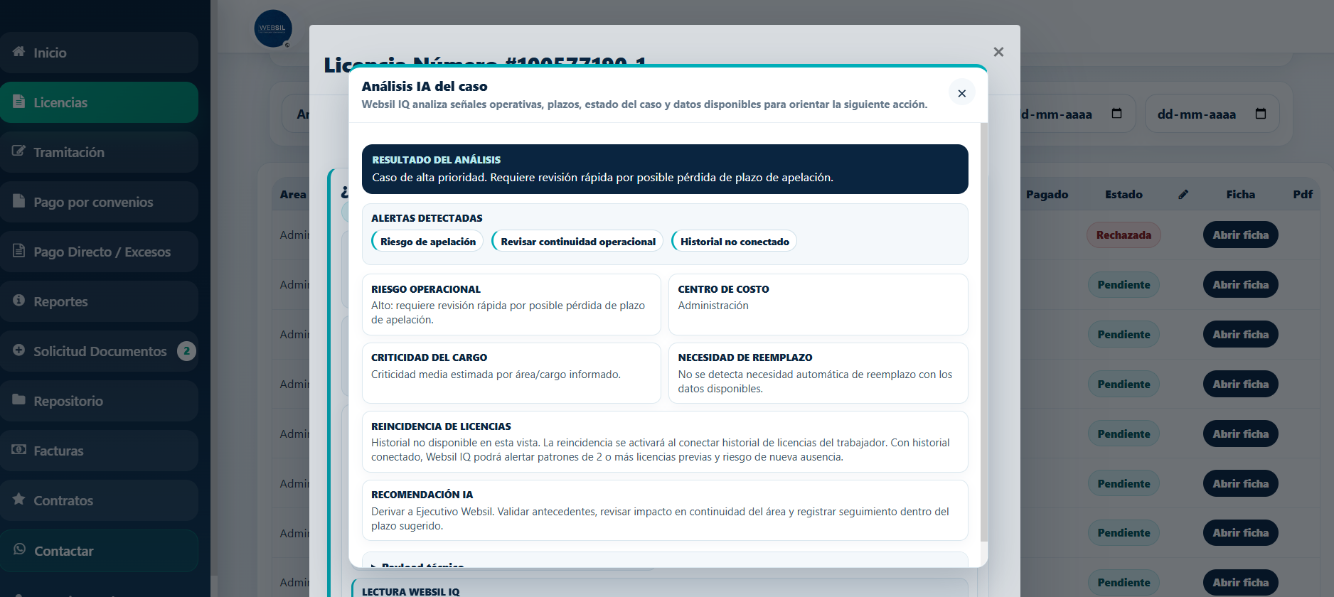 Vista análisis de licencia con IA en WEBSIL